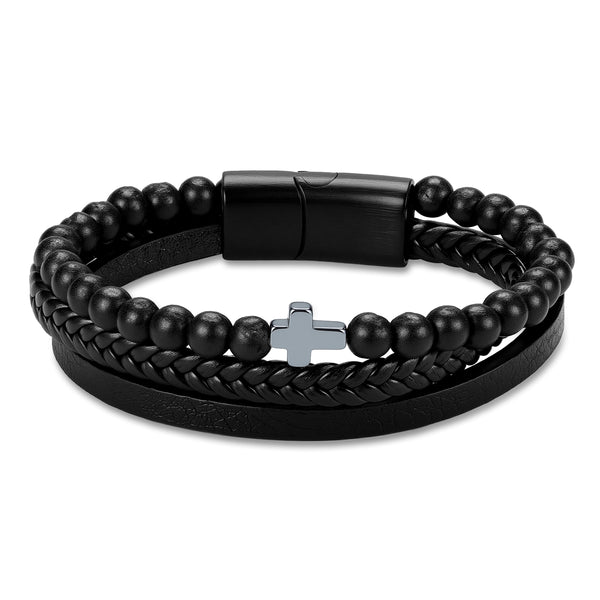 Matte Black Beaded Leather Cross Bracelet
